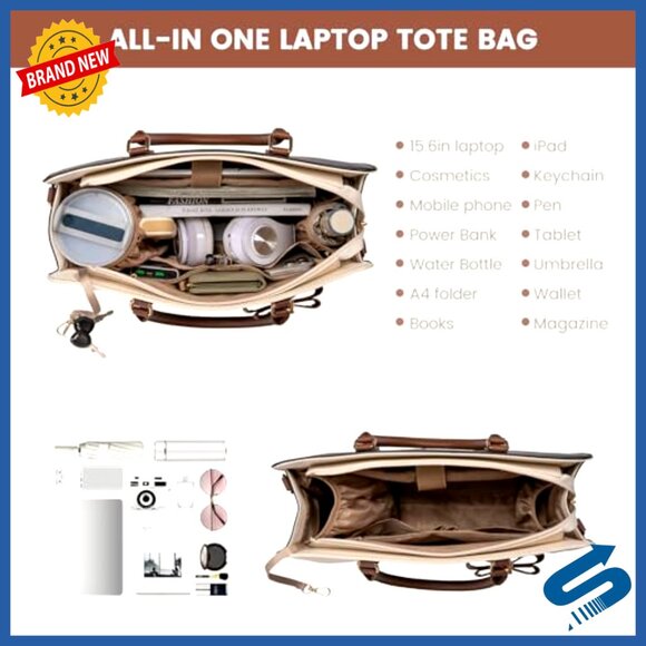 Leather Work Tote Bag Waterproof Business Computer Briefcase Elegant - Picture 4 of 6